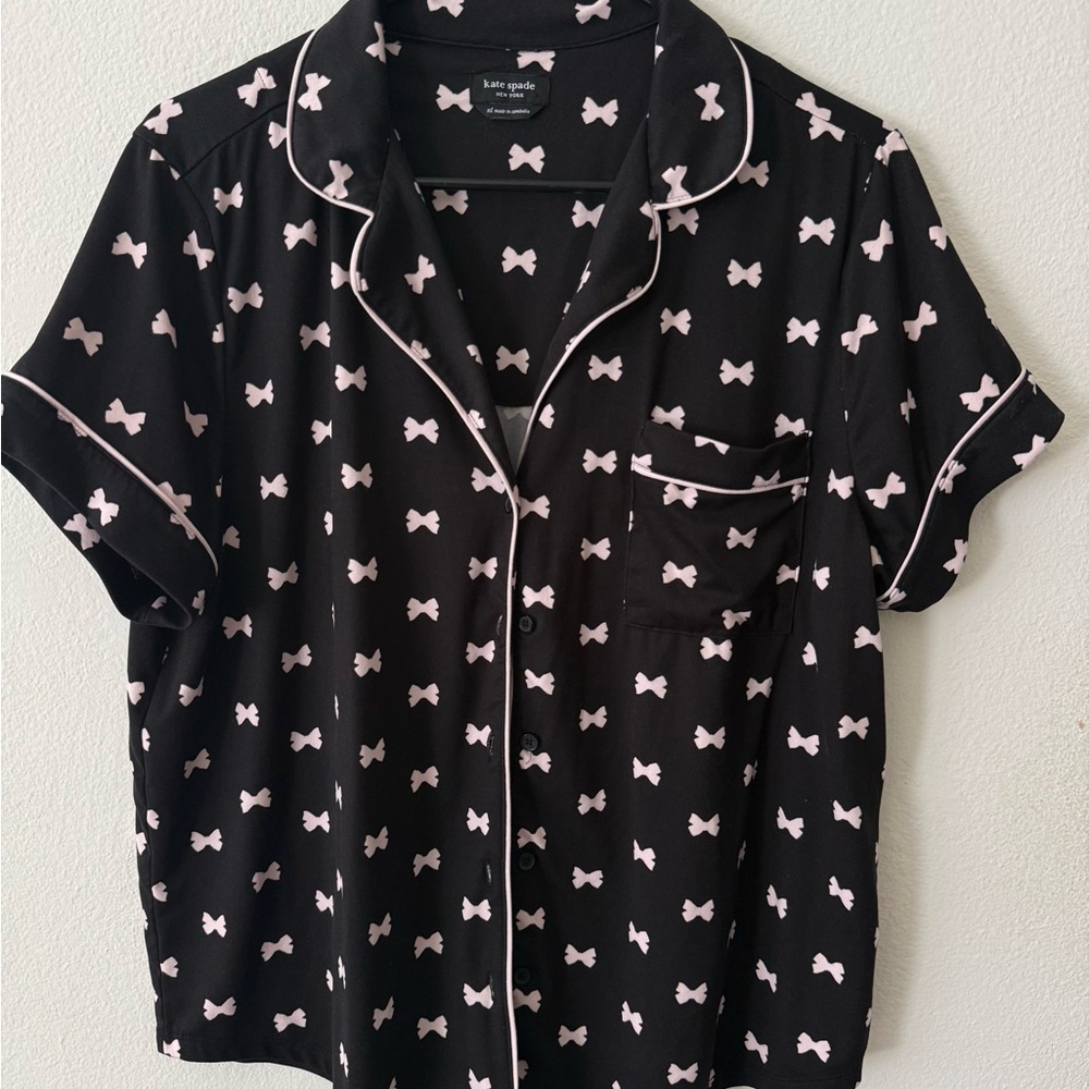 Kate Spade Black with Pink Bows Print Short Sleeve Button Down Pajama Top